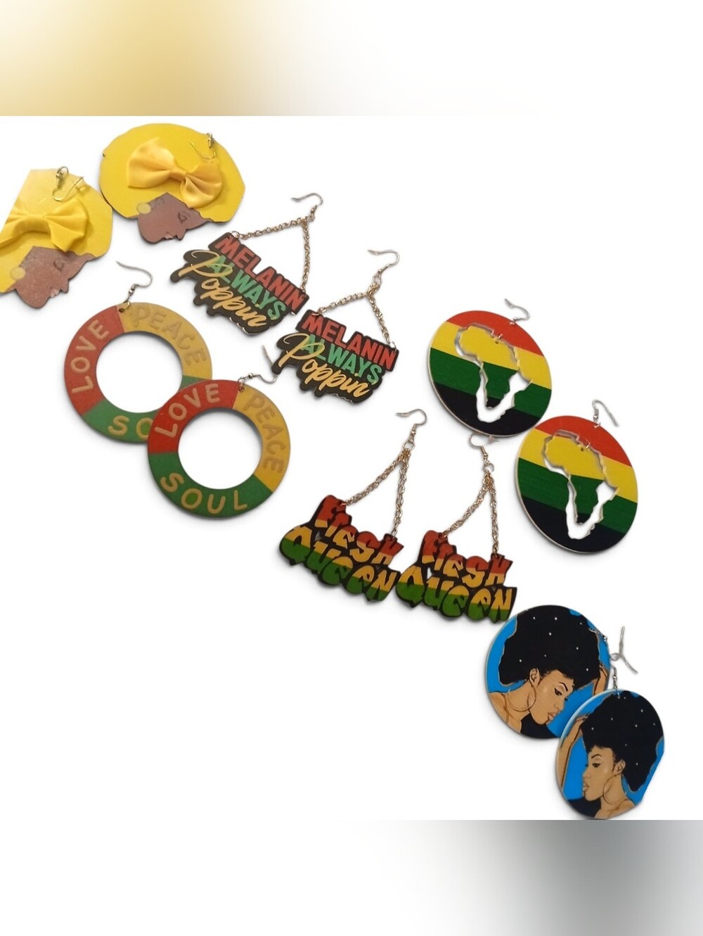 Set Of 6 New Afrocentric Multicolor Statement Wooden Earrings Set Of 6 New